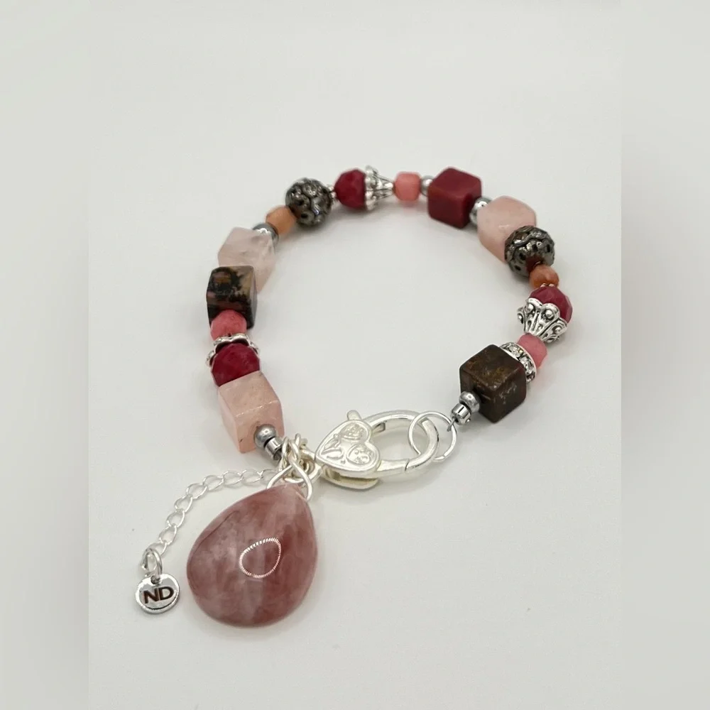 Pink Rose Quartz, Sun Stone, Rhodonite Bracelet with Mauve Madagascar Pendant - Picture 2 of 3